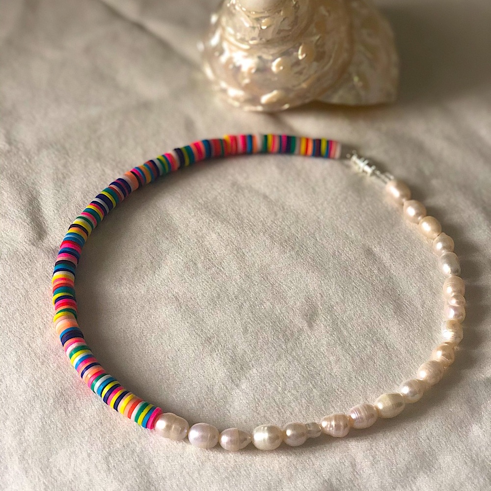 Multicolour Heishi and Freshwater Pearl Necklace